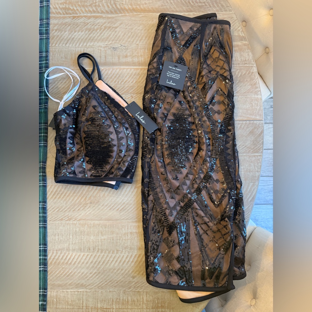 Lulu's Black Sequin Mesh 2 Piece Dress